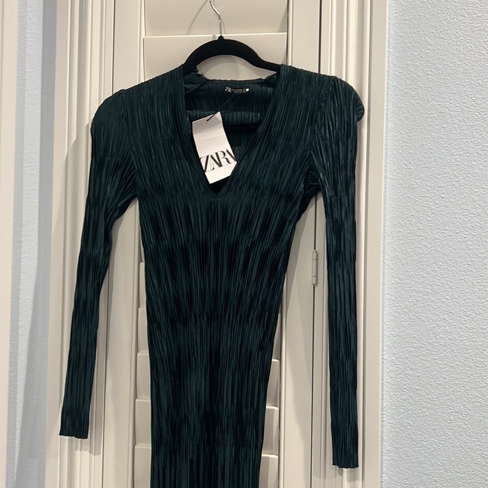 NWT Zara plisse midi column dress long sleeve holiday XS - Picture 8 of 9